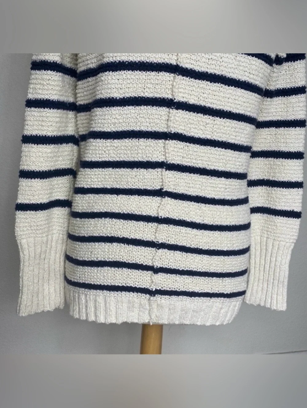Free People Womens Cream Navy Stripe Cotton Coastal Thick Knit Cardigan Size L